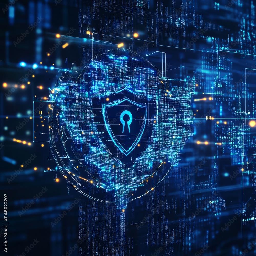Poster visual representation of cybersecurity concepts with a blue shield and digital patterns illustrating