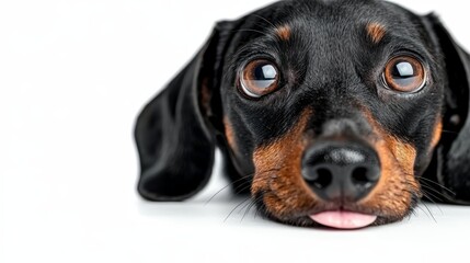 Fototapeta premium A black and tan dog laying down with its tongue out
