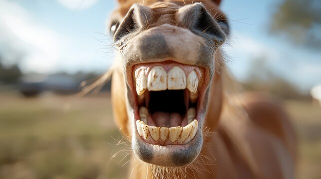  A close up of a horse's mouth with its teeth missing