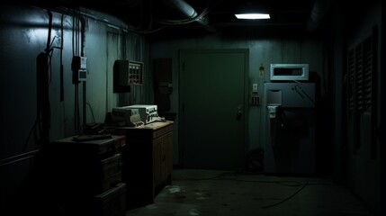 Dark room with faint emergency exit sign glow during power blackout, capturing sudden disruption and eerie stillness with scattered objects faintly visible in dim light.