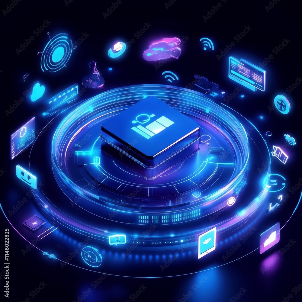 Aufkleber futuristic technology concept showcasing a central processing unit surrounded by vibrant icons repre