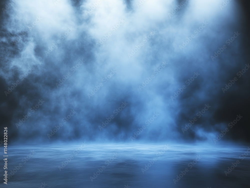 Poster soft blue fog envelops the ground, creating an ethereal atmosphere for artistic expression in a diml