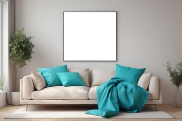 Turquoise blue knot pillow on a beige corner sofa and blank poster on a white wall in a modern living room interior
