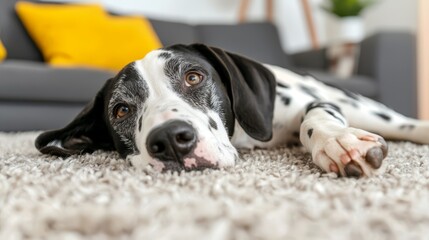 A black and white dog laying on a carpet in a living room