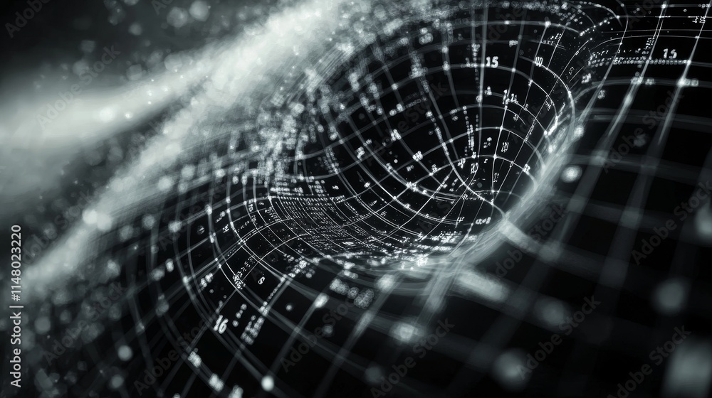 Poster exploring the complex beauty of abstract digital art with a swirling grid and luminous particles in 