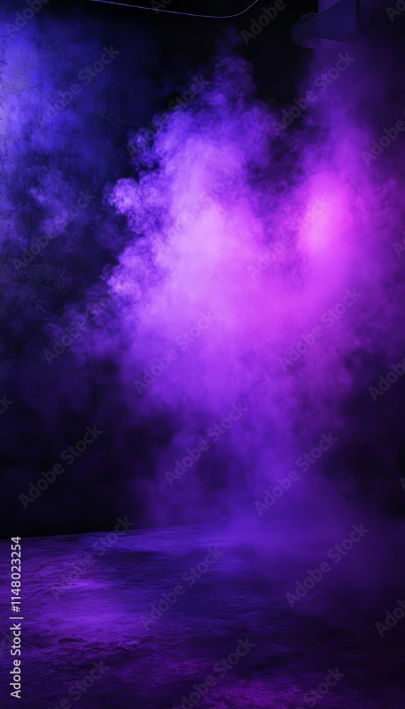 Poster vapor cloud illuminated by colorful lights creating a dramatic atmosphere during an event or perform