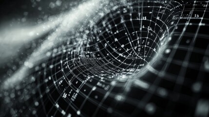 Naklejka premium Exploring the Complex Beauty of Abstract Digital Art With a Swirling Grid and Luminous Particles in a Dark Setting