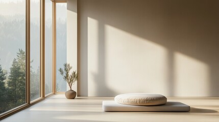 Minimalist modern meditation room with clean, serene design. Featuring neutral tones and sleek materials