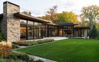 Obraz premium A contemporary minimalist home with a stone facade, large glass doors, and a simple green lawn