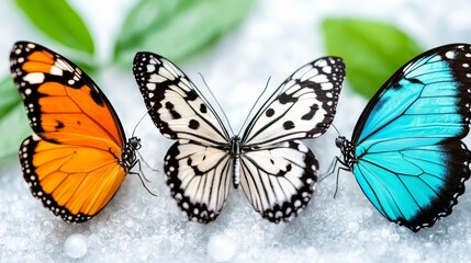 Obraz premium Three colorful butterflies sitting on top of a pile of snow