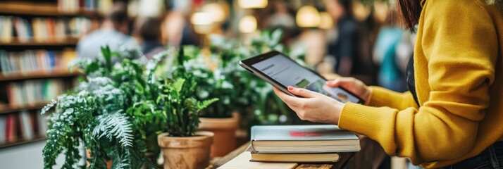 Woman using tablet in bookstore with plants.