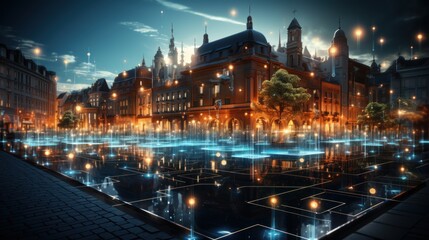 Fototapeta premium Futuristic Cityscape: Illuminated Square with Interactive Fountain