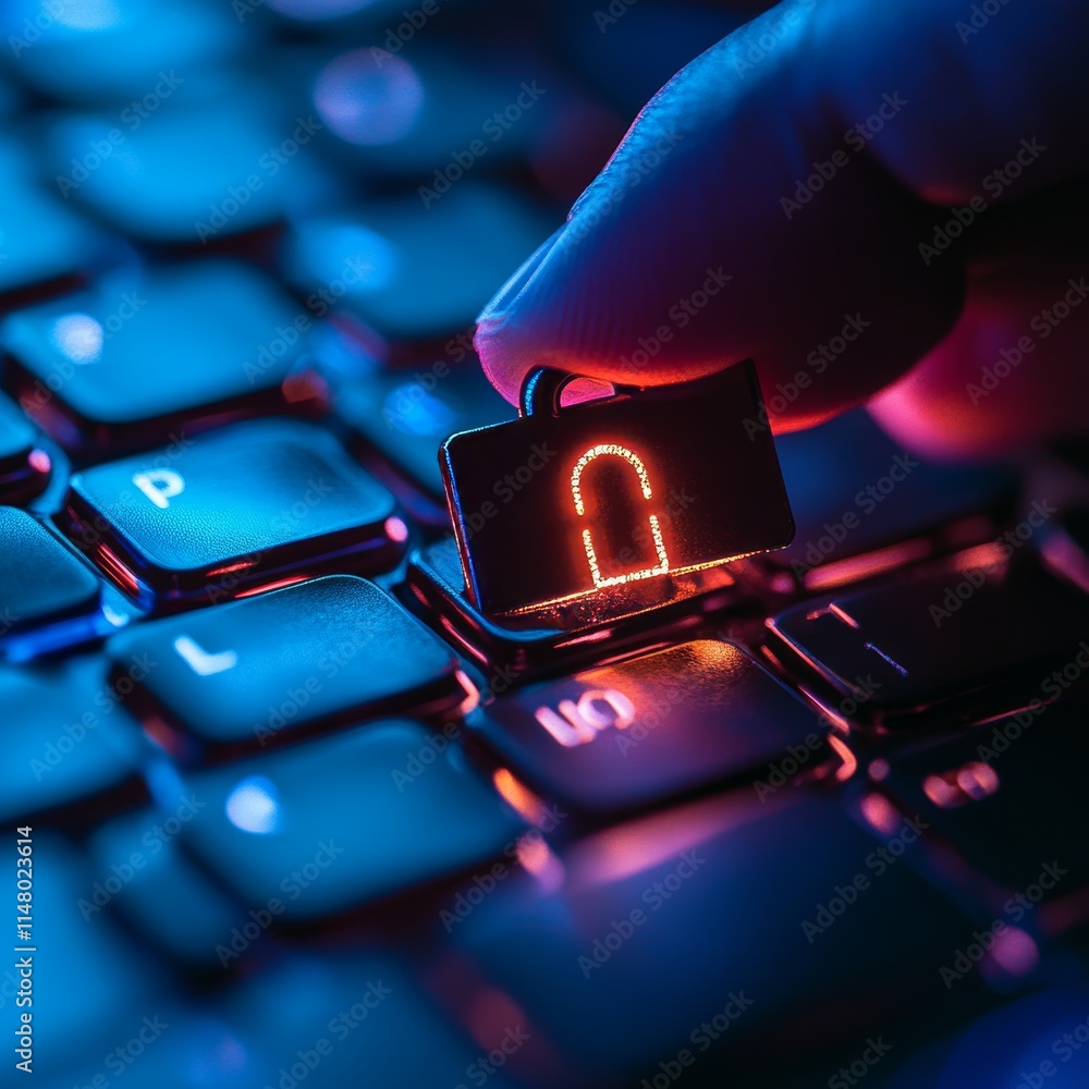 Poster digital security in action with a finger pressing a lock symbol on a keyboard illuminated by blue an