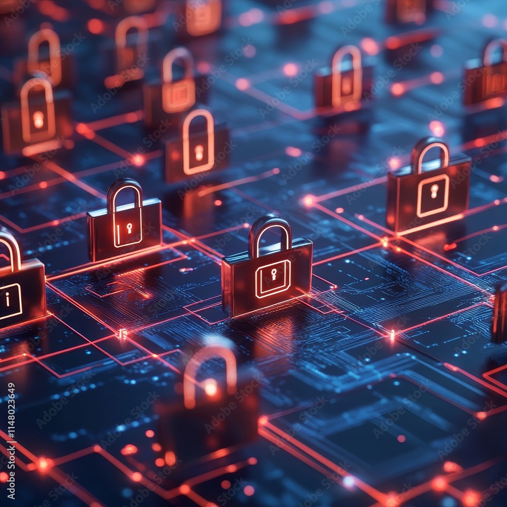 Poster digital security locks illuminating a virtual network at night with intricate circuits and data flow