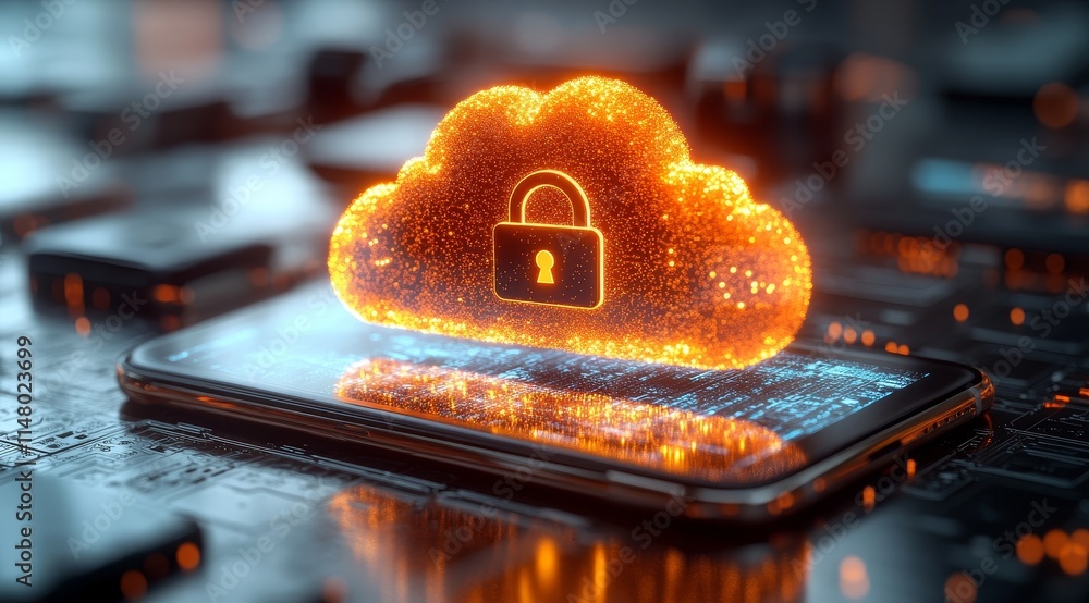 Aufkleber digital cloud storage with security lock symbol appearing above smartphone showcasing modern data pr