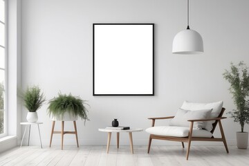 White living room design. View of modern scandinavian style interior with chair and black poster frame on white wall. Home staging and minimalism concept