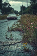 Obraz premium Abandoned road with wildflowers and a passing car in a quiet, overgrown area during cloudy weather