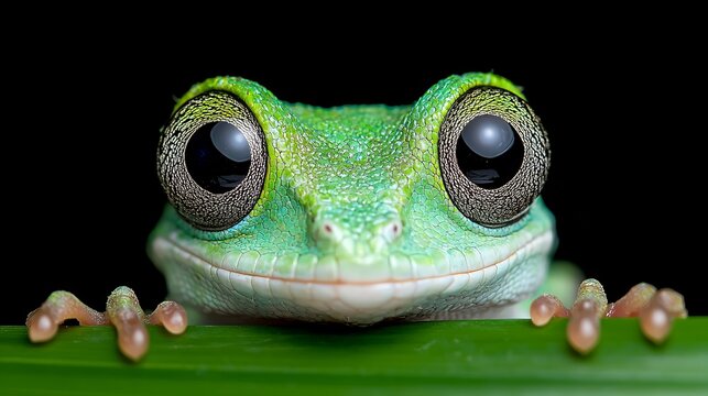 A close up of a green gecko with big eyes on a leaf