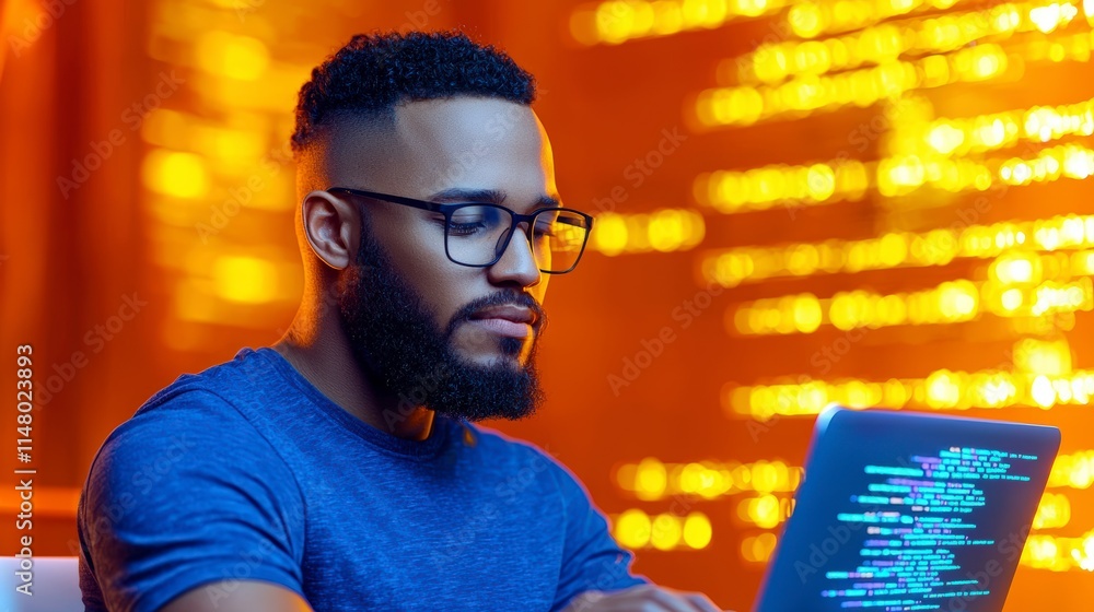 Poster focused programmer coding on laptop night orange background cinematic lighting