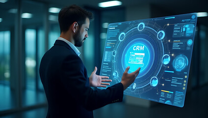A businessman showcases a CRM system with a futuristic interface to support customer relationship management and database analysis needs._00002_