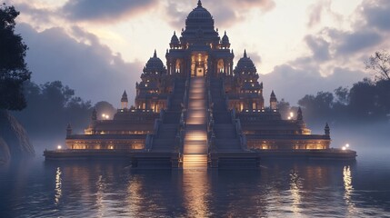 3D Illustration of an Indian Temple with Grand Staircase at Evening - Realistic Lighting.AI generated illustration