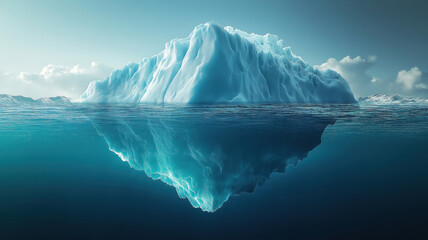 Majestic Iceberg Afloat in Glacial Waters. A breathtaking image of a large, vibrant blue iceberg resting on tranquil, icy water.