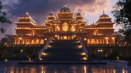 3D Illustration of an Indian Temple with Grand Staircase at Evening - Realistic Lighting.AI generated illustration