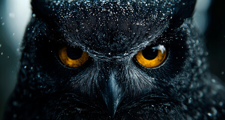 Close-up of a black owl with intense yellow eyes.