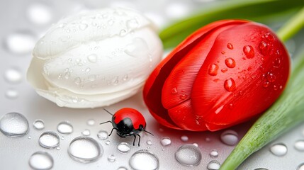 A red and white tulip with water droplets on it next to a ladybug