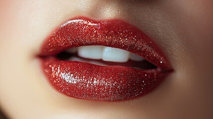 Close-up of sparkling red lips, showcasing beauty and cosmetic appeal.