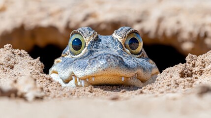 Fototapeta premium A close up of a crocodile peeking out of a hole in the sand