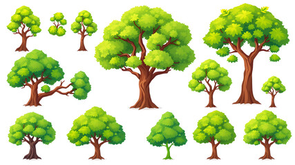 Fototapeta premium Cartoon tree vector set, collection of trees image with dense green leaves, natural tree plant design element for forest or garden. Generative AI
