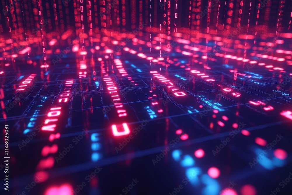 Poster virtual landscape of glowing binary code in blue and red colors creates an immersive digital experie