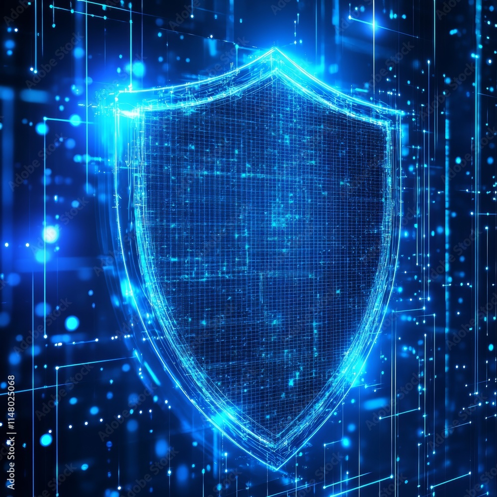 Poster dynamic blue shield graphic representing digital security and protection in a futuristic technology 