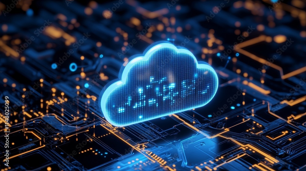 Poster cloud computing technology illustrated with glowing digital circuits and a luminous cloud symbolizin