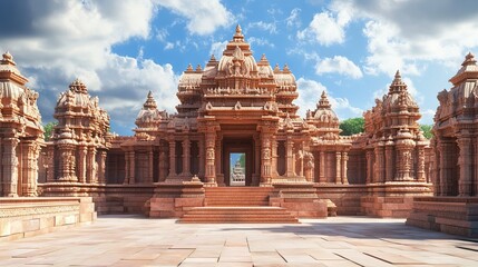 3D Render of a Hindu Temple Exterior with Red Sandstone Walls and Gopuram. AI generated illustration