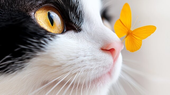 A black and white cat with a yellow butterfly on its nose - Powered by Adobe