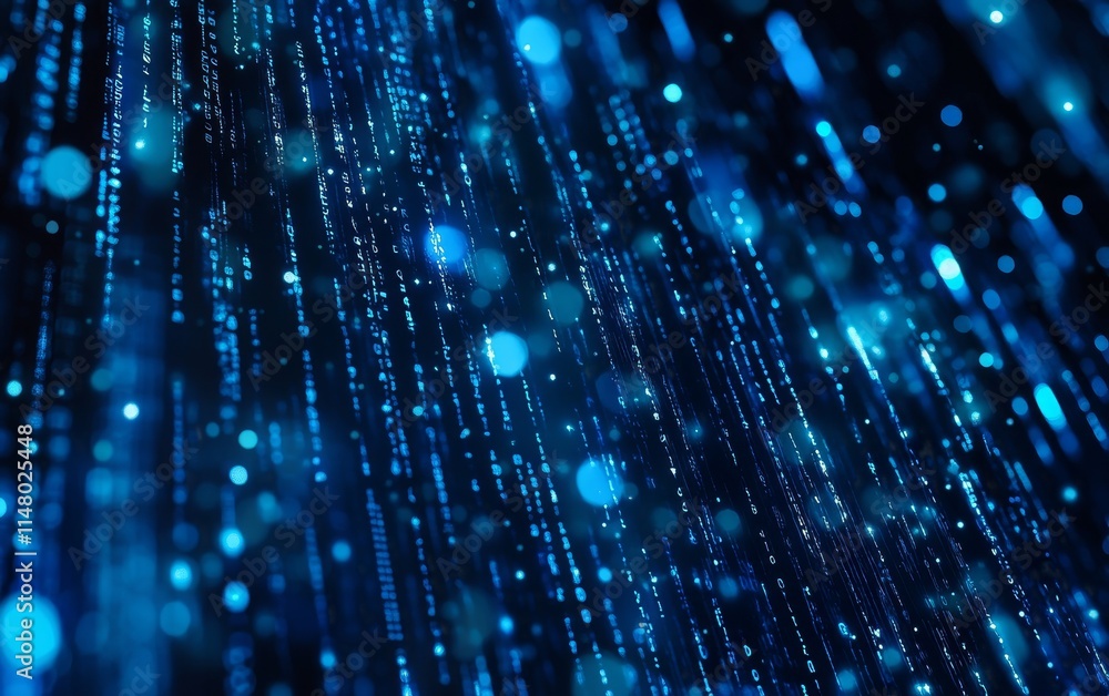 Poster visual representation of blue digital rain cascading in a dark space, showcasing data flow and techn