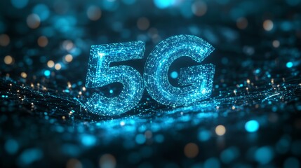 Technological Advancement Showcased With Glowing 5G Letters Amidst a Futuristic Network of Blue Digital Particles