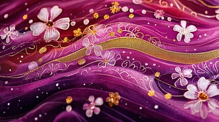 Purple fabric with gold lines and floral print.