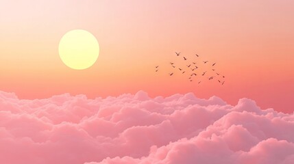 3D Render of a Sunrise with Birds Flying Over a Pastel Sky Gradient. AI generated illustration