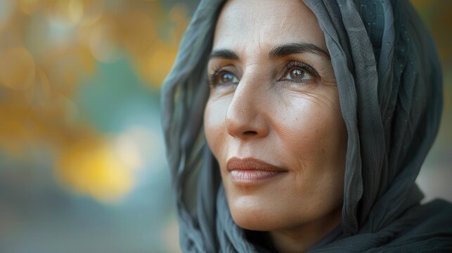 Woman wearing a headscarf gazing thoughtfully outdoors in a serene, sunlit environment surrounded by soft autumn colors
