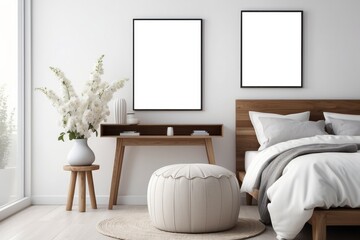 Flowers on wooden stool and pouf in white bedroom interior with posters above bed