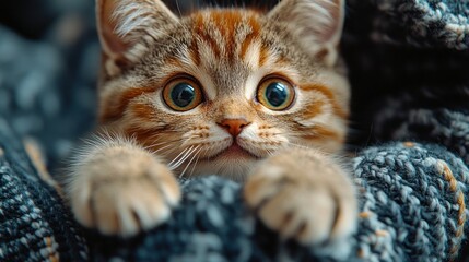 Fototapeta premium Adorable tabby kitten peeking from a cozy sweater.