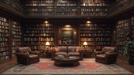 Luxurious library, leather chairs, bookshelves, cozy reading room.