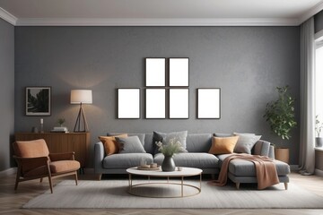 Retro style in beautiful living room interior with grey empty wall