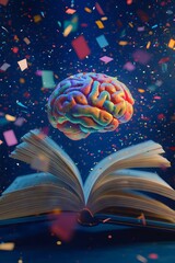 3DRendering of a Colorful, Glowing Brain on a Stack of Open Books with Pages Flying Out. AI generated illustration