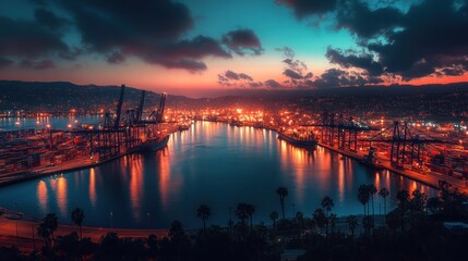 City harbor at night, lights reflecting on the water under colorful sky.
