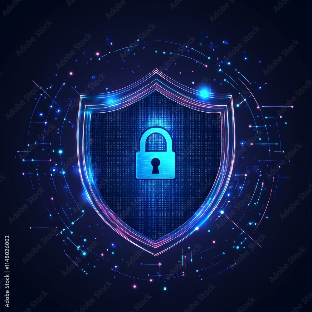 Aufkleber digital shield symbolizing cybersecurity protection with a lock in the center and glowing blue eleme