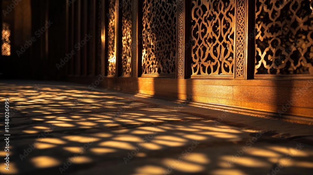 Aufkleber sunlight patterns through ornate wood screen casting shadows.